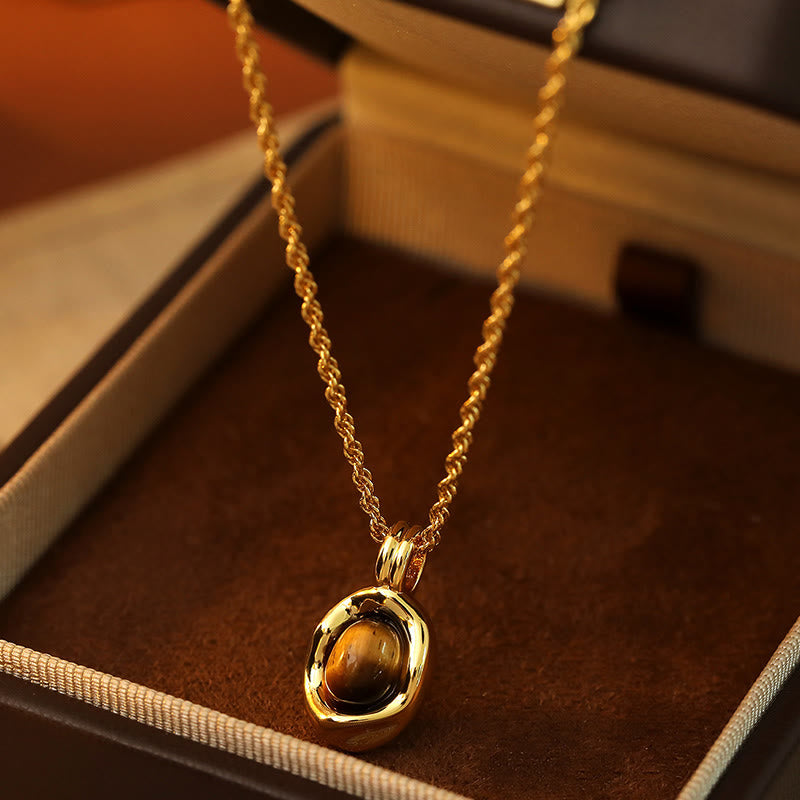 Wear FengShui Tiger Eye Red Agate Copper Plated Gold Chain Properity Necklace Pendant
