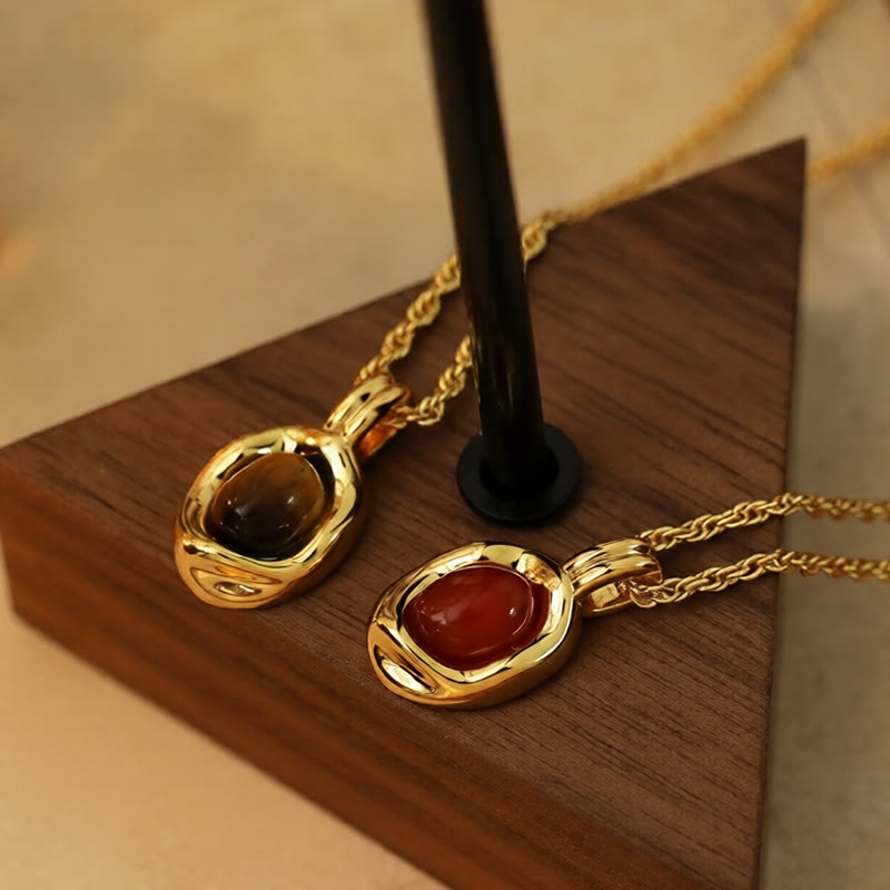 Wear FengShui Tiger Eye Red Agate Copper Plated Gold Chain Properity Necklace Pendant