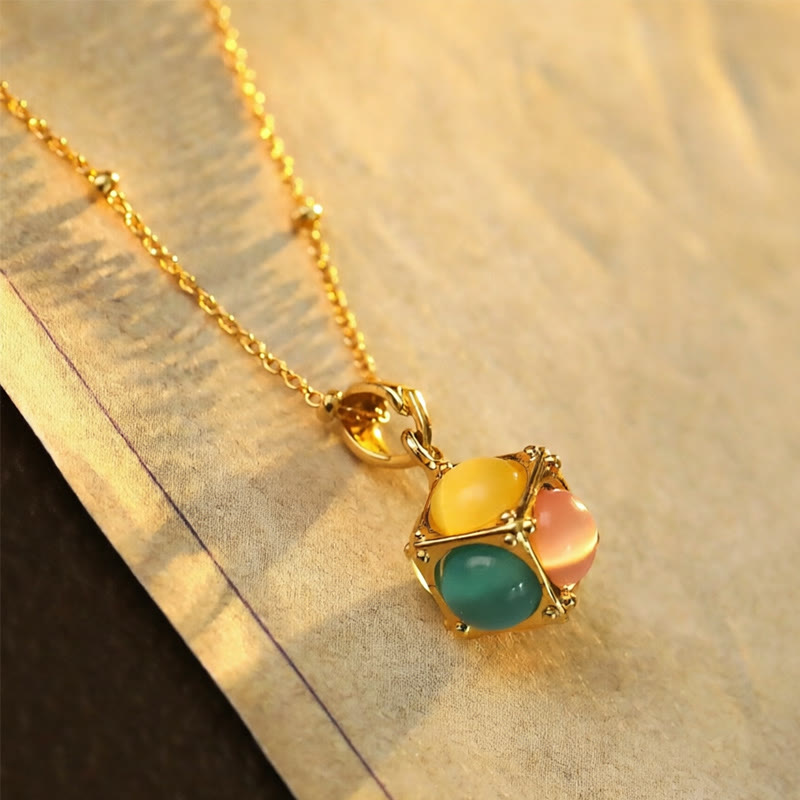 Wear FengShui Multicolored Cat's Eye Inlaid Design Cube Protection Necklace Pendant