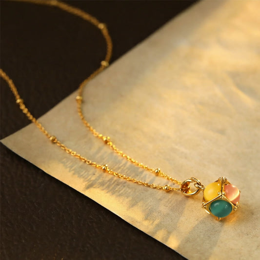 Wear FengShui Multicolored Cat's Eye Inlaid Design Cube Protection Necklace Pendant