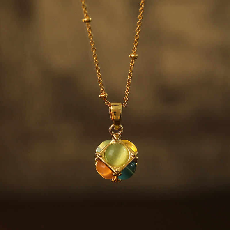 Wear FengShui Multicolored Cat's Eye Inlaid Design Cube Protection Necklace Pendant