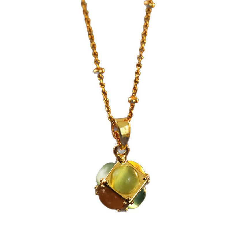 Wear FengShui Multicolored Cat's Eye Inlaid Design Cube Protection Necklace Pendant