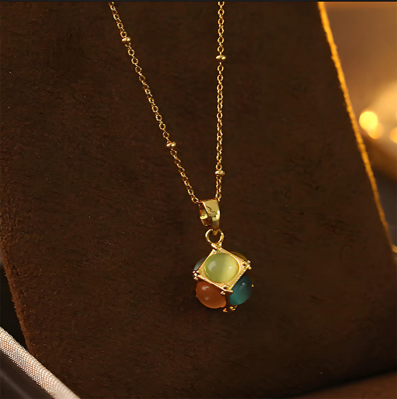 Wear FengShui Multicolored Cat's Eye Inlaid Design Cube Protection Necklace Pendant