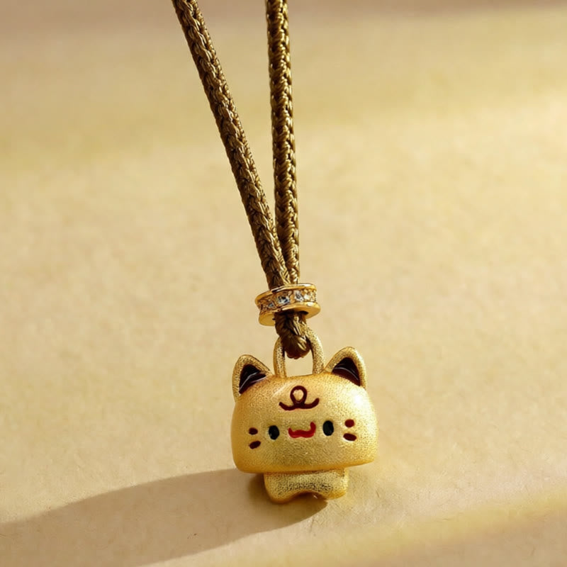 Wear FengShui Cute Cat Copper Plated Gold Adjustable Braided Rope Protection Necklace Pendant