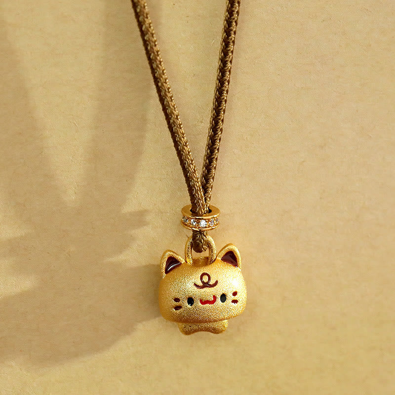Wear FengShui Cute Cat Copper Plated Gold Adjustable Braided Rope Protection Necklace Pendant