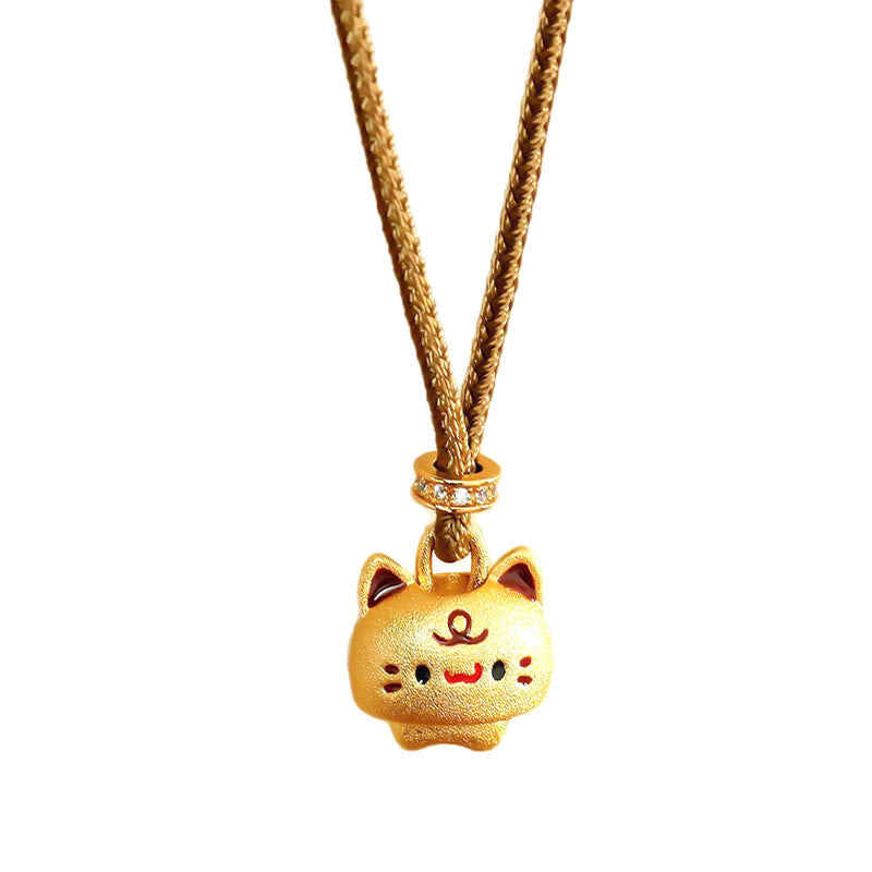 Wear FengShui Cute Cat Copper Plated Gold Adjustable Braided Rope Protection Necklace Pendant