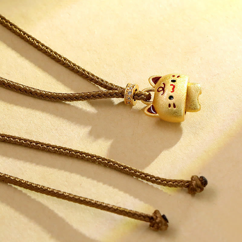 Wear FengShui Cute Cat Copper Plated Gold Adjustable Braided Rope Protection Necklace Pendant