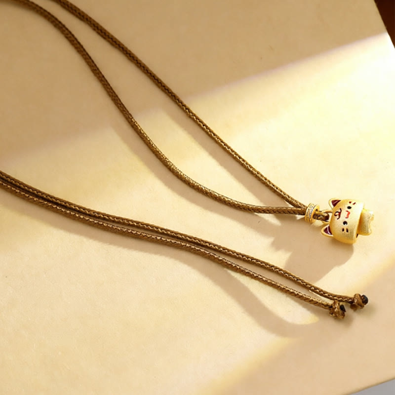 Wear FengShui Cute Cat Copper Plated Gold Adjustable Braided Rope Protection Necklace Pendant