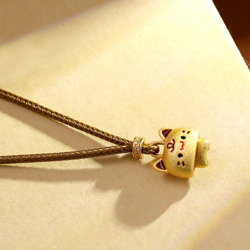 Wear FengShui Cute Cat Copper Plated Gold Adjustable Braided Rope Protection Necklace Pendant