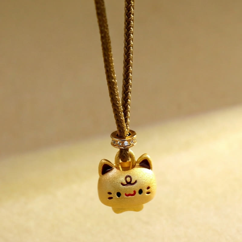 Wear FengShui Cute Cat Copper Plated Gold Adjustable Braided Rope Protection Necklace Pendant