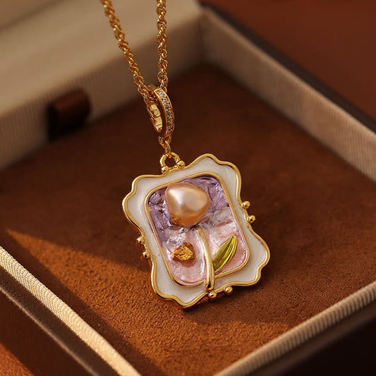 Wear FengShui Flower Oil Painting Pearl Copper Healing Necklace Pendant