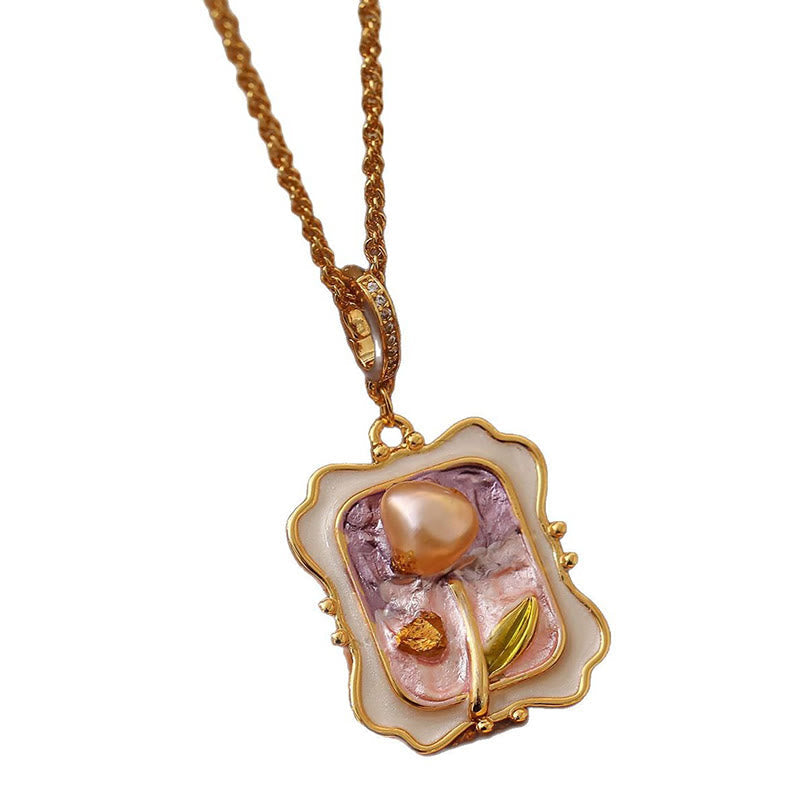Wear FengShui Flower Oil Painting Pearl Copper Healing Necklace Pendant