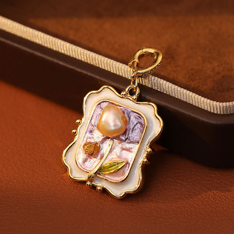 Wear FengShui Flower Oil Painting Pearl Copper Healing Necklace Pendant