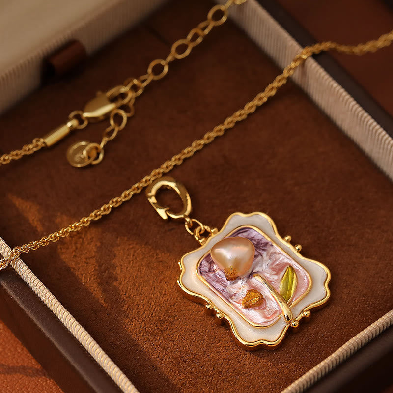 Wear FengShui Flower Oil Painting Pearl Copper Healing Necklace Pendant