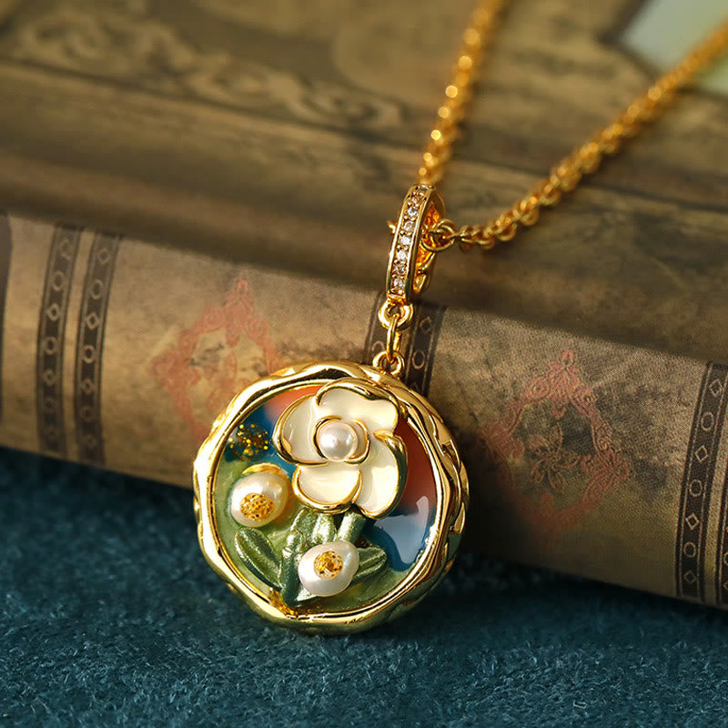 Wear FengShui Retro Round Oil Painting Flower Design Copper Wealth Necklace Pendant