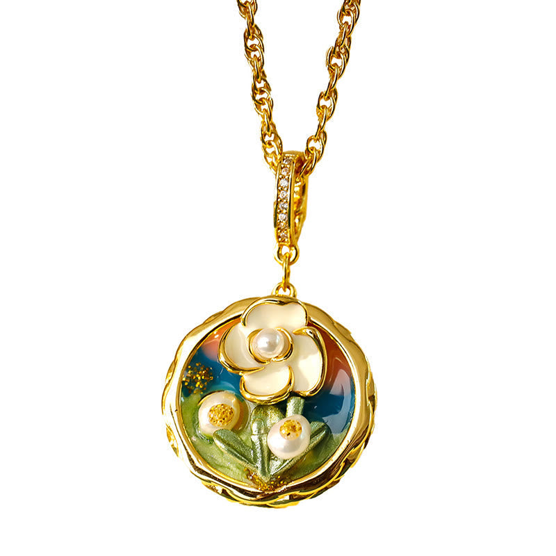 Wear FengShui Retro Round Oil Painting Flower Design Copper Wealth Necklace Pendant