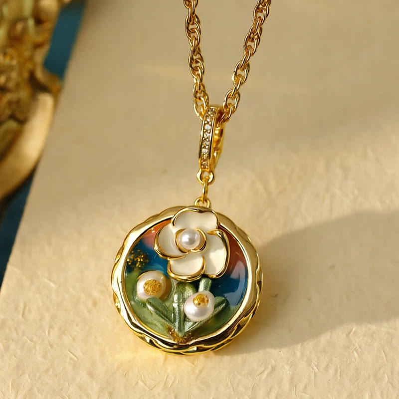 Wear FengShui Retro Round Oil Painting Flower Design Copper Wealth Necklace Pendant