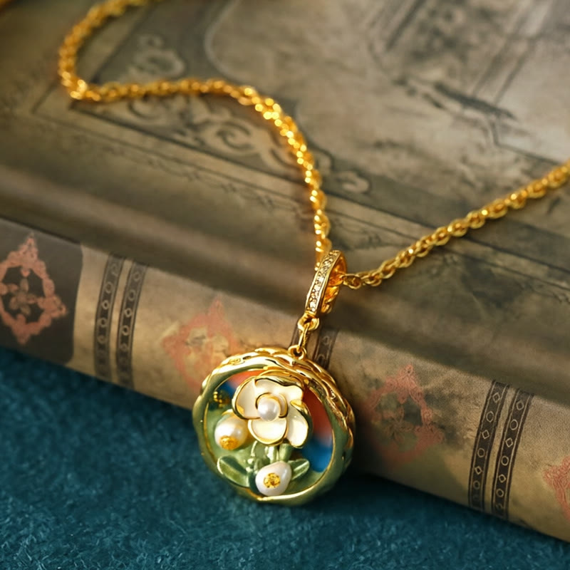 Wear FengShui Retro Round Oil Painting Flower Design Copper Wealth Necklace Pendant