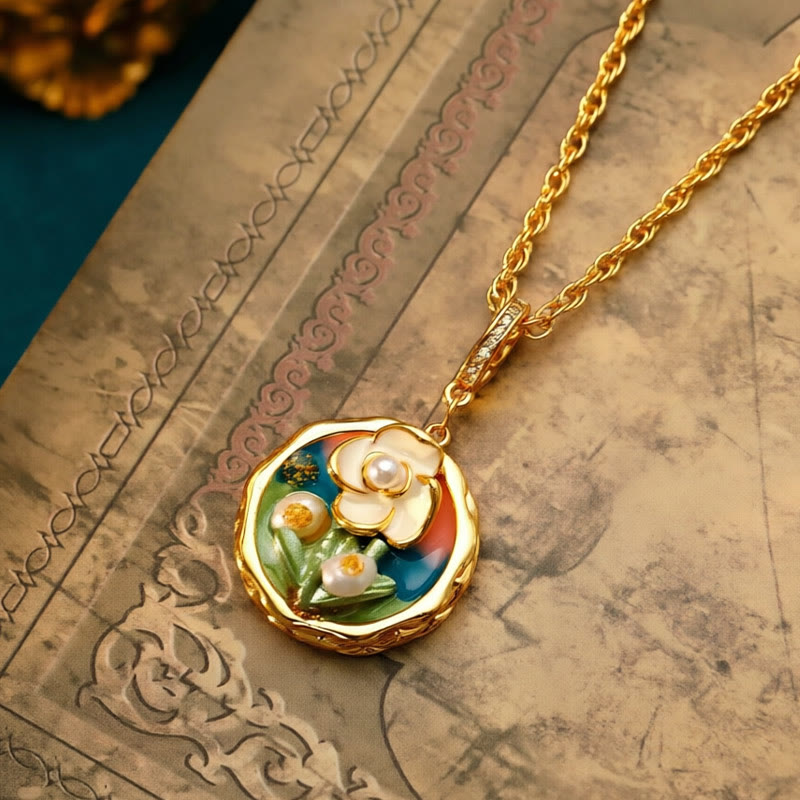 Wear FengShui Retro Round Oil Painting Flower Design Copper Wealth Necklace Pendant