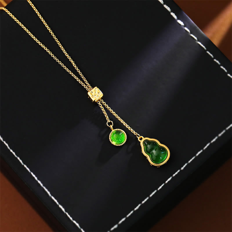 Wear FengShui Gourd Green Agate Copper Inlaid Design Luck Necklace Pendant