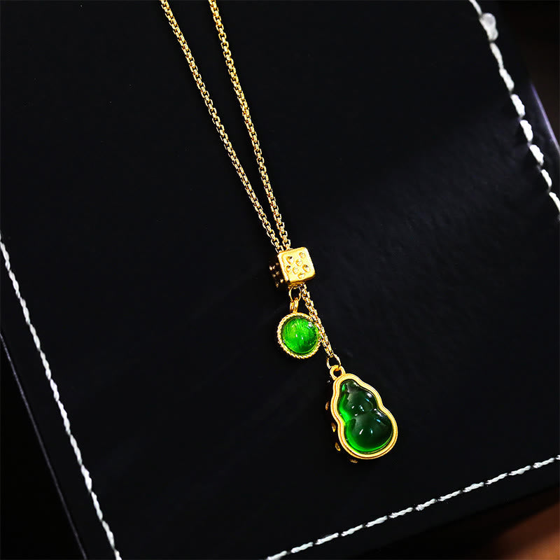 Wear FengShui Gourd Green Agate Copper Inlaid Design Luck Necklace Pendant