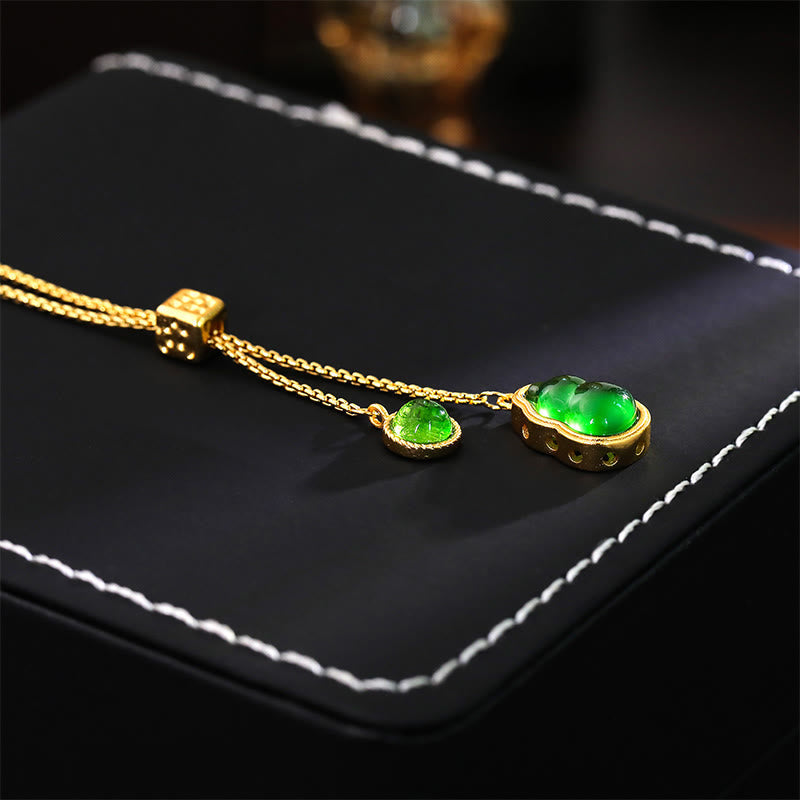 Wear FengShui Gourd Green Agate Copper Inlaid Design Luck Necklace Pendant