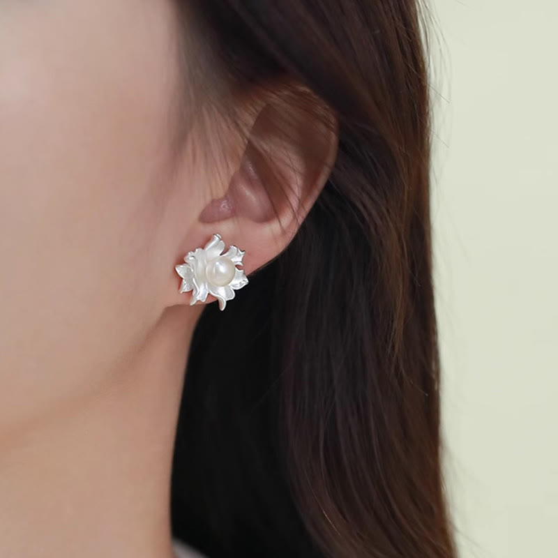 Wear FengShui Natural Pearl Copper Flower Healing Stud Earrings