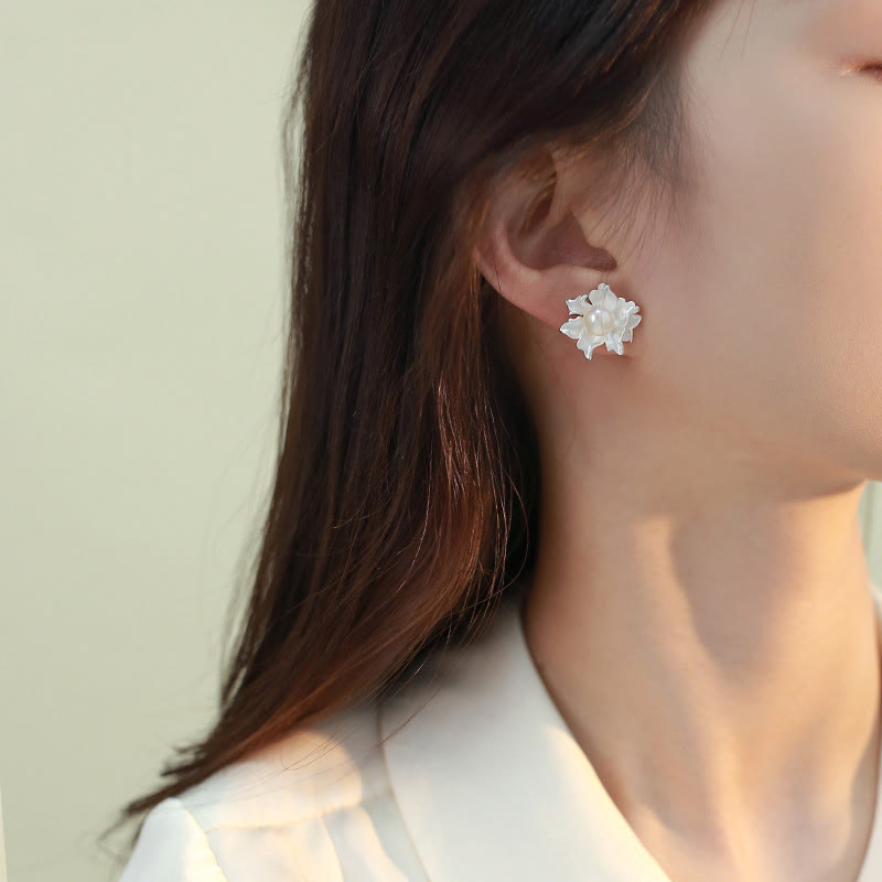 Wear FengShui Natural Pearl Copper Flower Healing Stud Earrings
