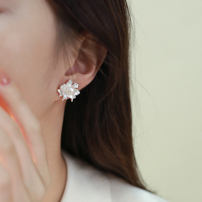 Wear FengShui Natural Pearl Copper Flower Healing Stud Earrings