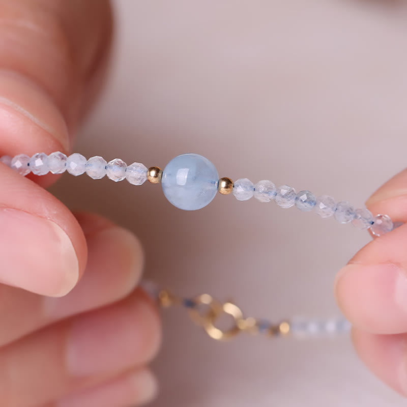 Wear FengShui Natural Aquamarine Ultra-Fine 2mm Faceted Bead Peace Bracelet