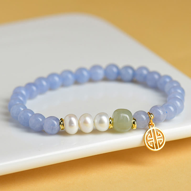 Wear FengShui Blue Chalcedony Pearl Beads Energy Bracelet