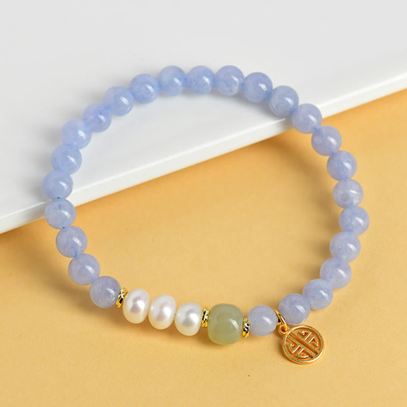 Wear FengShui Blue Chalcedony Pearl Beads Energy Bracelet