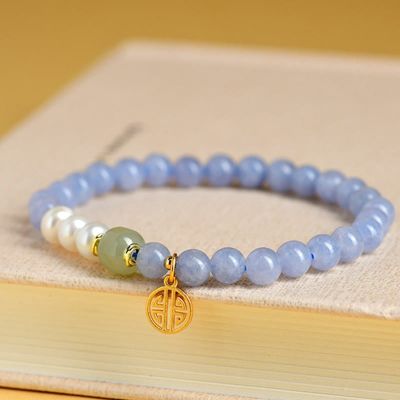 Wear FengShui Blue Chalcedony Pearl Beads Energy Bracelet