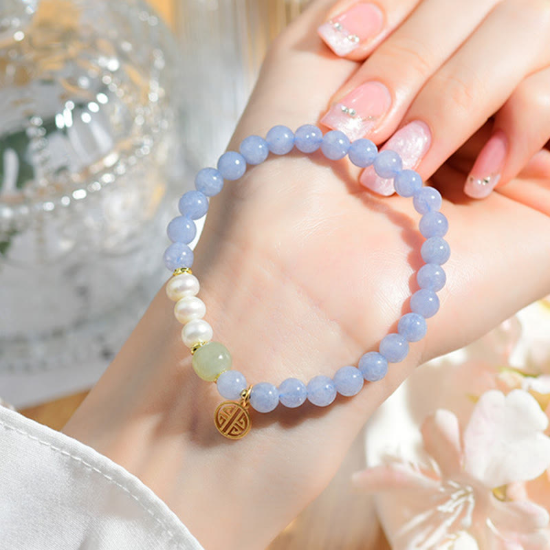 Wear FengShui Blue Chalcedony Pearl Beads Energy Bracelet