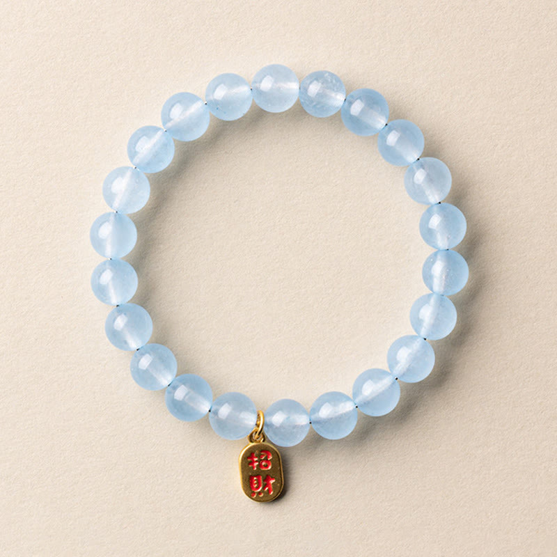 Wear FengShui Natural Aquamarine Fu Character Lucky Fortune Healing Bracelet