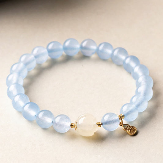 Wear FengShui Natural Aquamarine Fu Character Lucky Fortune Healing Bracelet