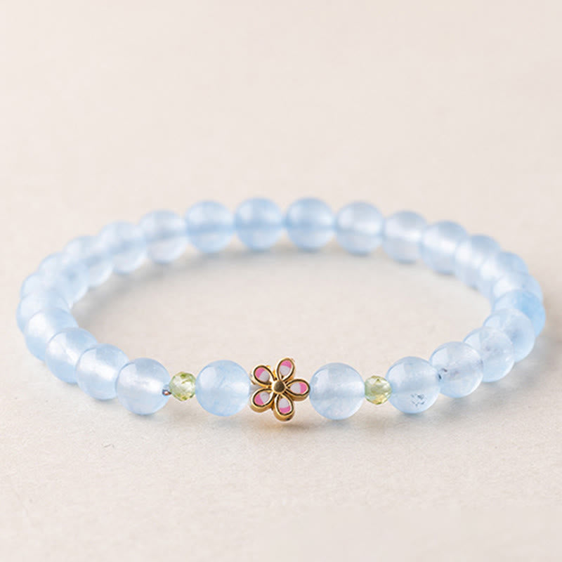 Wear FengShui Natural Aquamarine Gold-Plated Copper Flower Healing Bracelet