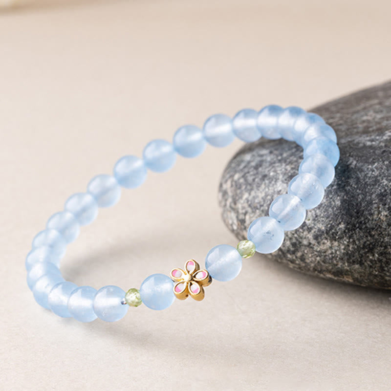 Wear FengShui Natural Aquamarine Gold-Plated Copper Flower Healing Bracelet