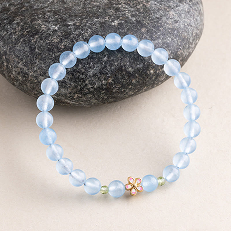 Wear FengShui Natural Aquamarine Gold-Plated Copper Flower Healing Bracelet
