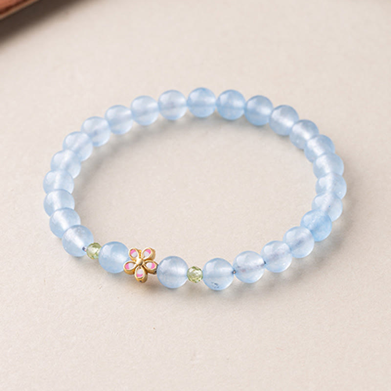 Wear FengShui Natural Aquamarine Gold-Plated Copper Flower Healing Bracelet