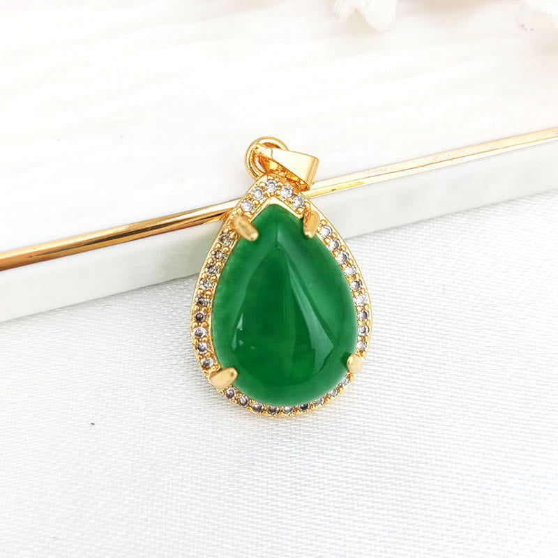 Wear FengShui 925 Sterling Silver Chain Retro Green Agate Copper Teardrop Luck Wealth Necklace Pendant