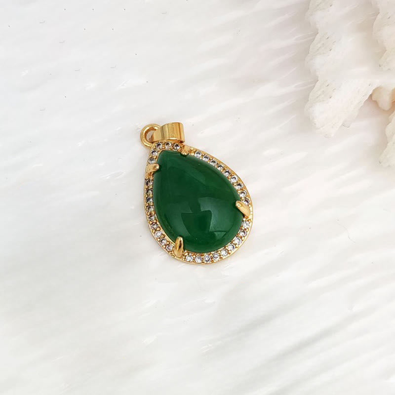 Wear FengShui 925 Sterling Silver Chain Retro Green Agate Copper Teardrop Luck Wealth Necklace Pendant