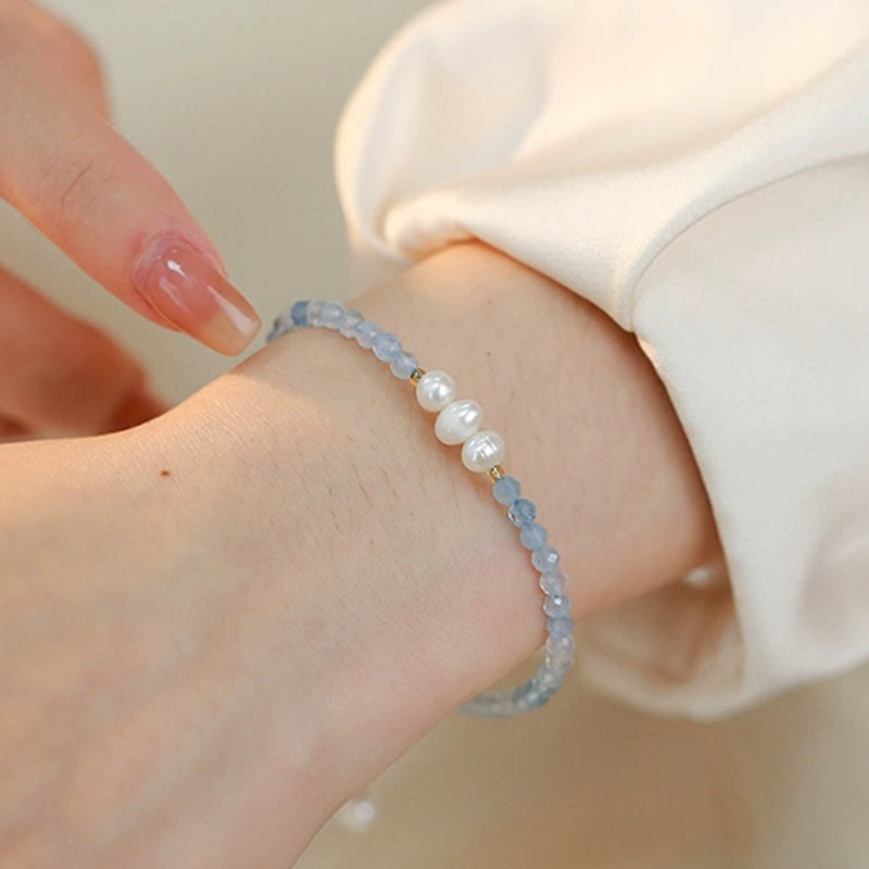 Wear FengShui Natural Aquamarine Fine 4mm Bead Pearl Serenity Bracelet