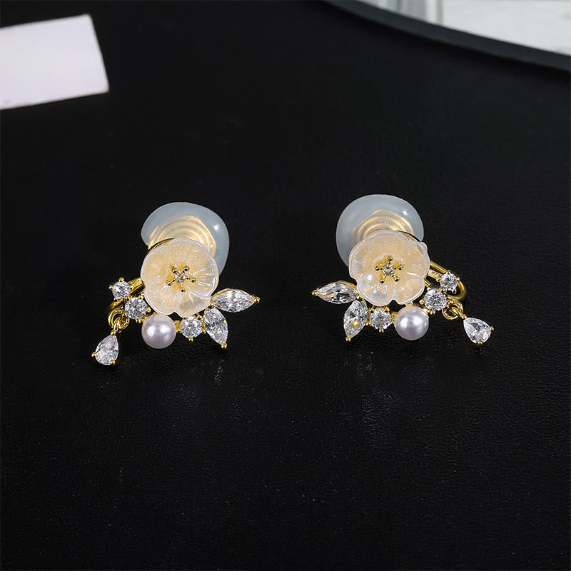 Wear FengShui White Rose Flower Zircon Copper Luck Clip-on Stud Earrings