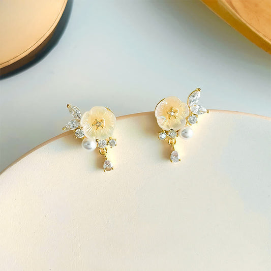 Wear FengShui White Rose Flower Zircon Copper Luck Clip-on Stud Earrings
