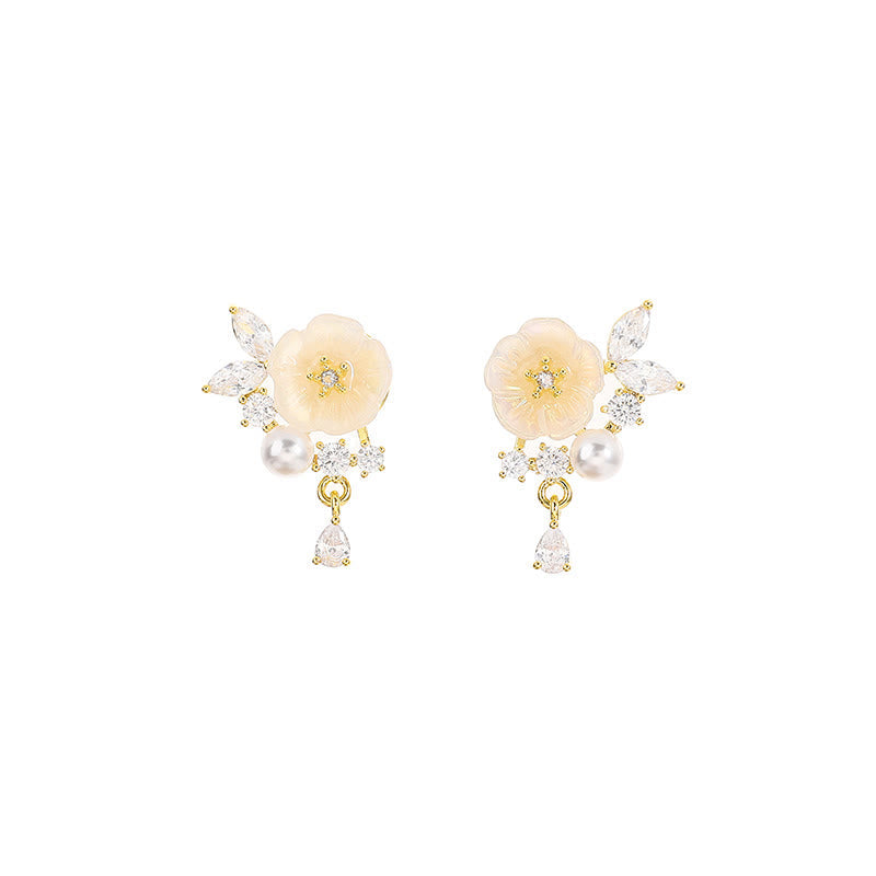 Wear FengShui White Rose Flower Zircon Copper Luck Clip-on Stud Earrings