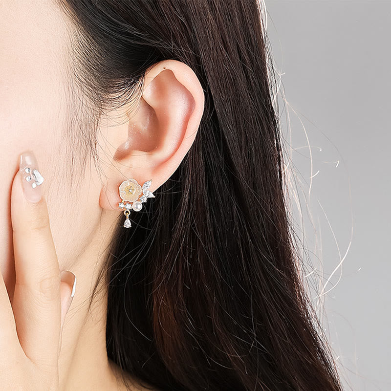 Wear FengShui White Rose Flower Zircon Copper Luck Clip-on Stud Earrings