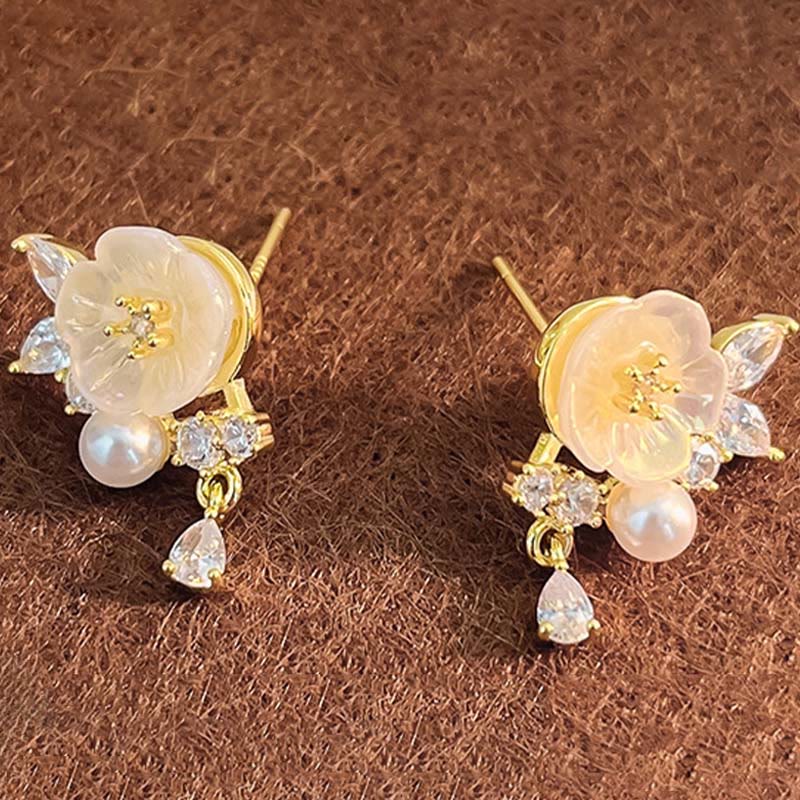 Wear FengShui White Rose Flower Zircon Copper Luck Clip-on Stud Earrings