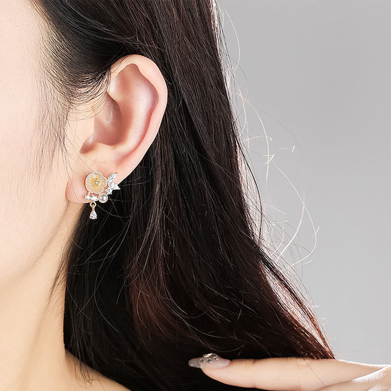 Wear FengShui White Rose Flower Zircon Copper Luck Clip-on Stud Earrings