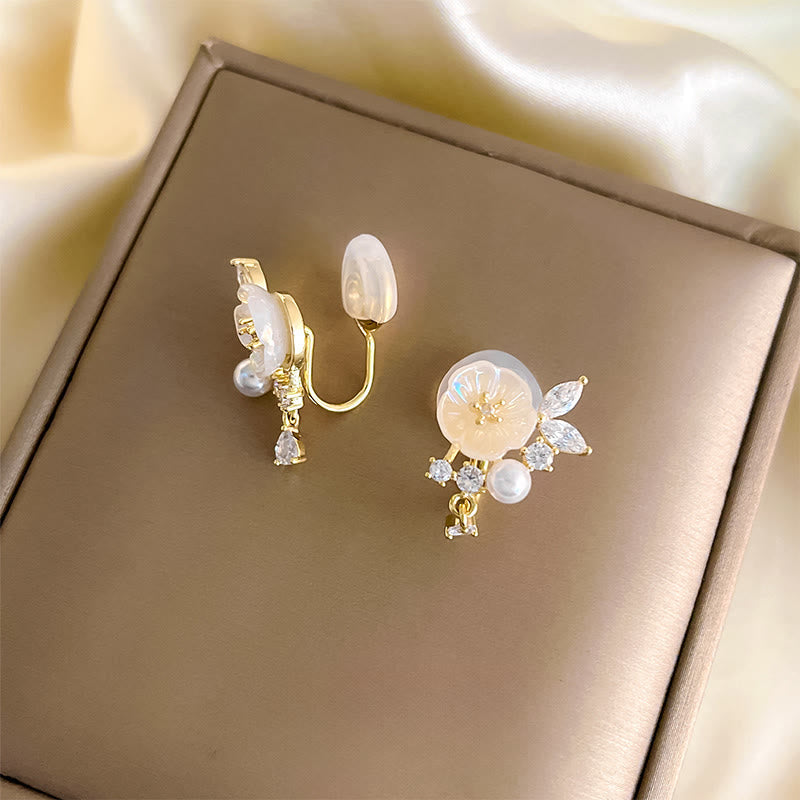 Wear FengShui White Rose Flower Zircon Copper Luck Clip-on Stud Earrings